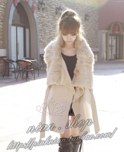 2012冬装外套 韩版保暖pu兔毛领毛呢修身女浅驼色时尚中长款大衣