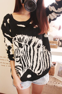 2013蘑菇街秋冬新款女装 韩版斑马动物图案针织衫 套头毛衣 线衫