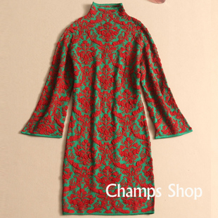 抢！中国风青花瓷 进口高品质手绘立体花纹中长款羊毛连衣裙