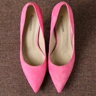 2014春季新款欧美单鞋细跟绒面浅口高跟鞋尖头鞋红色女鞋婚鞋女