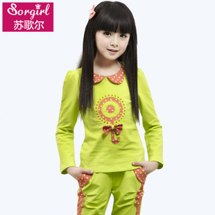 苏歌尔童装春装新款2014女童娃娃领长袖套装糖果色两件套36042