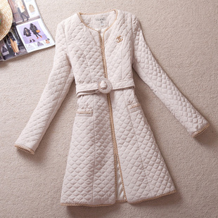 2014韩版秋冬新款修身菱形格子长拉链中长款长袖棉衣棉服 带腰带