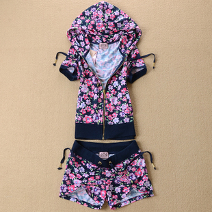 夏季新款女装 纯棉印花套装 短袖短裤韩版卫衣套装 时尚显瘦套装